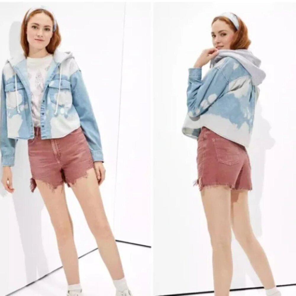 American Eagle Bleached Denim Cropped Hooded Jean Jacket‎ Shacket Size L